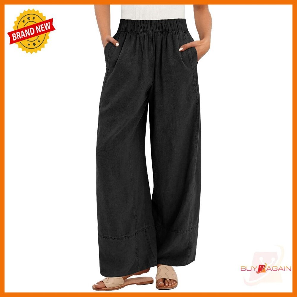 Linen Wide Leg Pants Elastic Waist Boho Lounge Travel Trousers